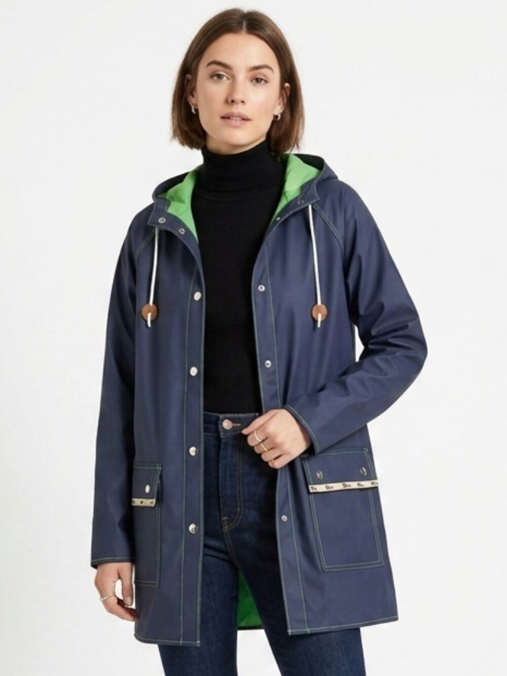 Vintage 80s Preppy Reversible Blue Green Vinyl Raincoat Jacket Medium